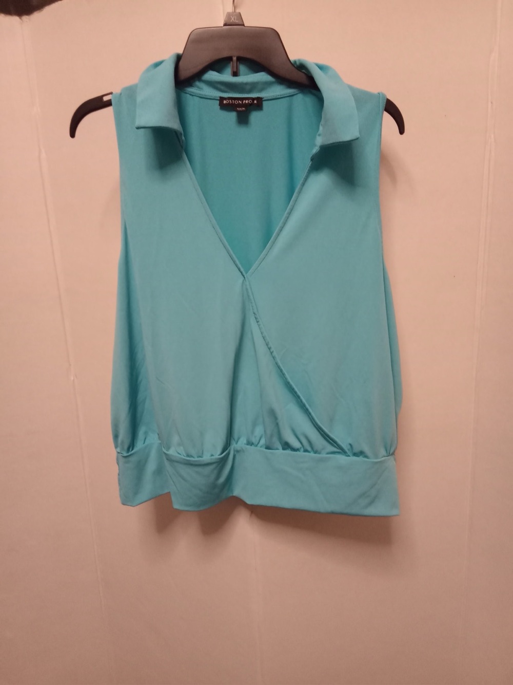 Boston Proper XL Turquoise Sleeveless Wrap Front Blouse Top Collared Stretch A2